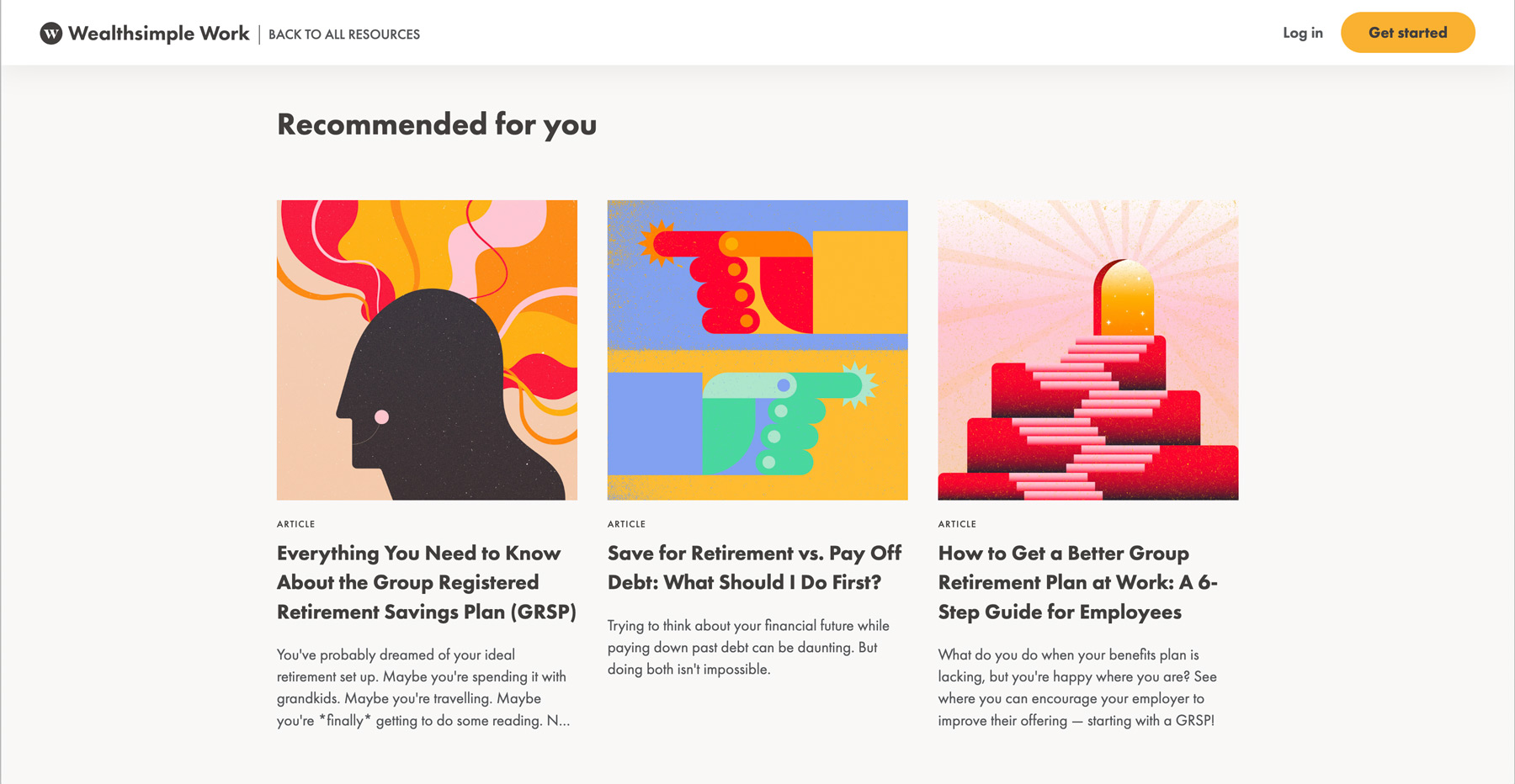 Screenshot of Wealthsimple Work resource page with illustrations by Marta Ryczko